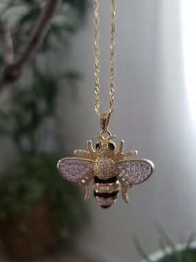 Gold Bee Pendant Necklace with Crystal Wings